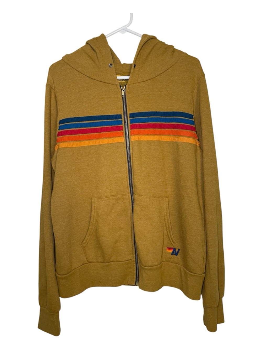 Aviator Nation 5 Striped Hoodie Sz L Mustard Yellow Full Zip Pockets Jacket - Picture 2 of 10